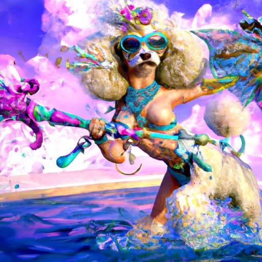 Poodle-Human Hybrid in Bikini with Rapier, 3D Render