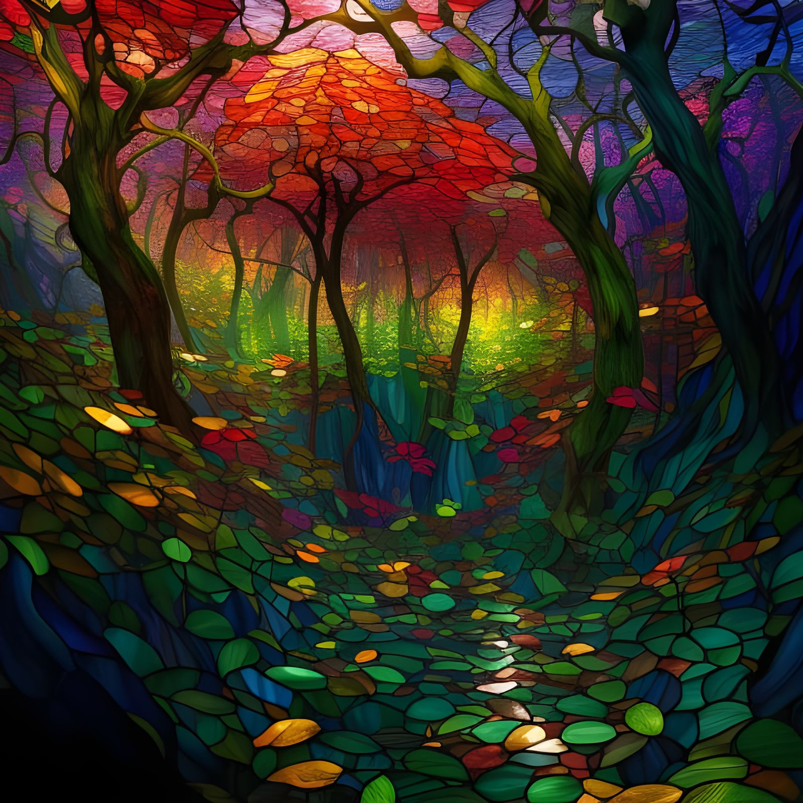 Stained Glass Forest Landscape in Digital Art Style