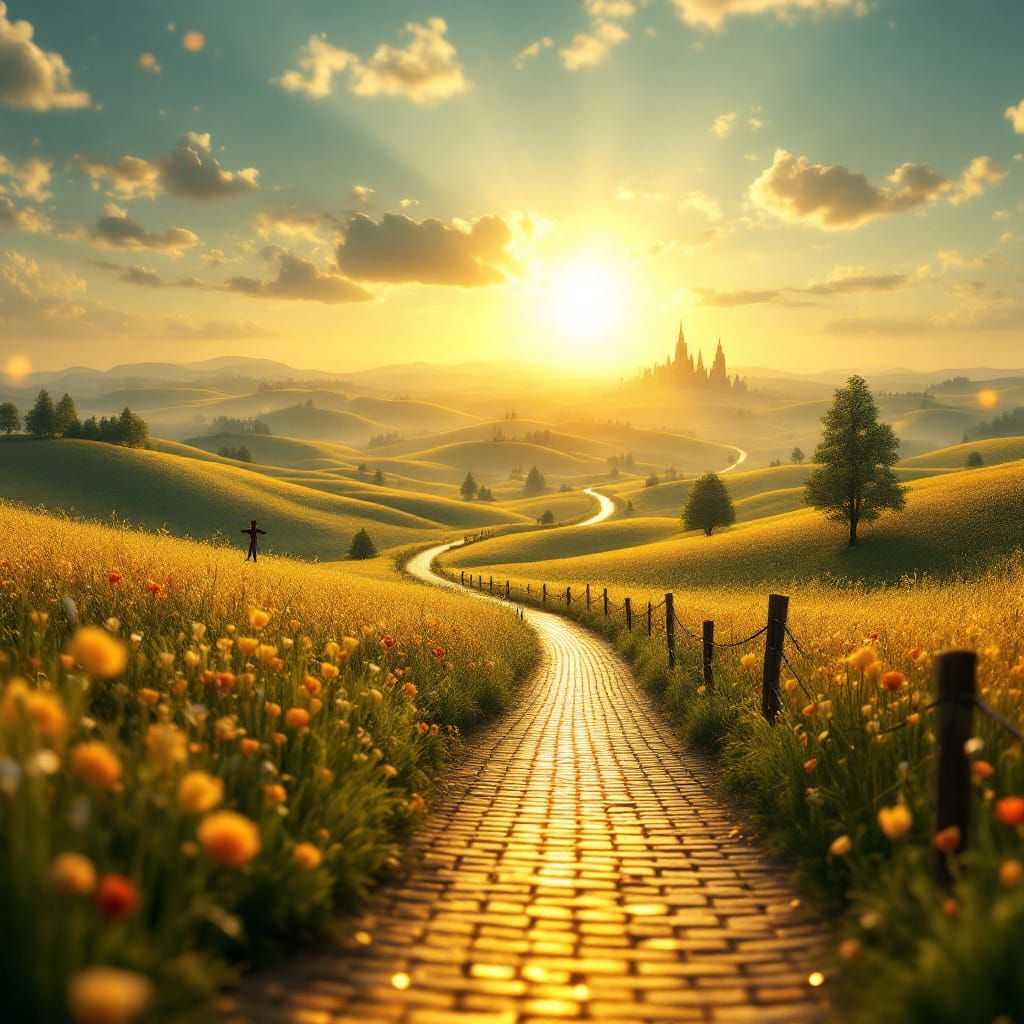 Magical Oz Landscape with Golden Road and Emerald City