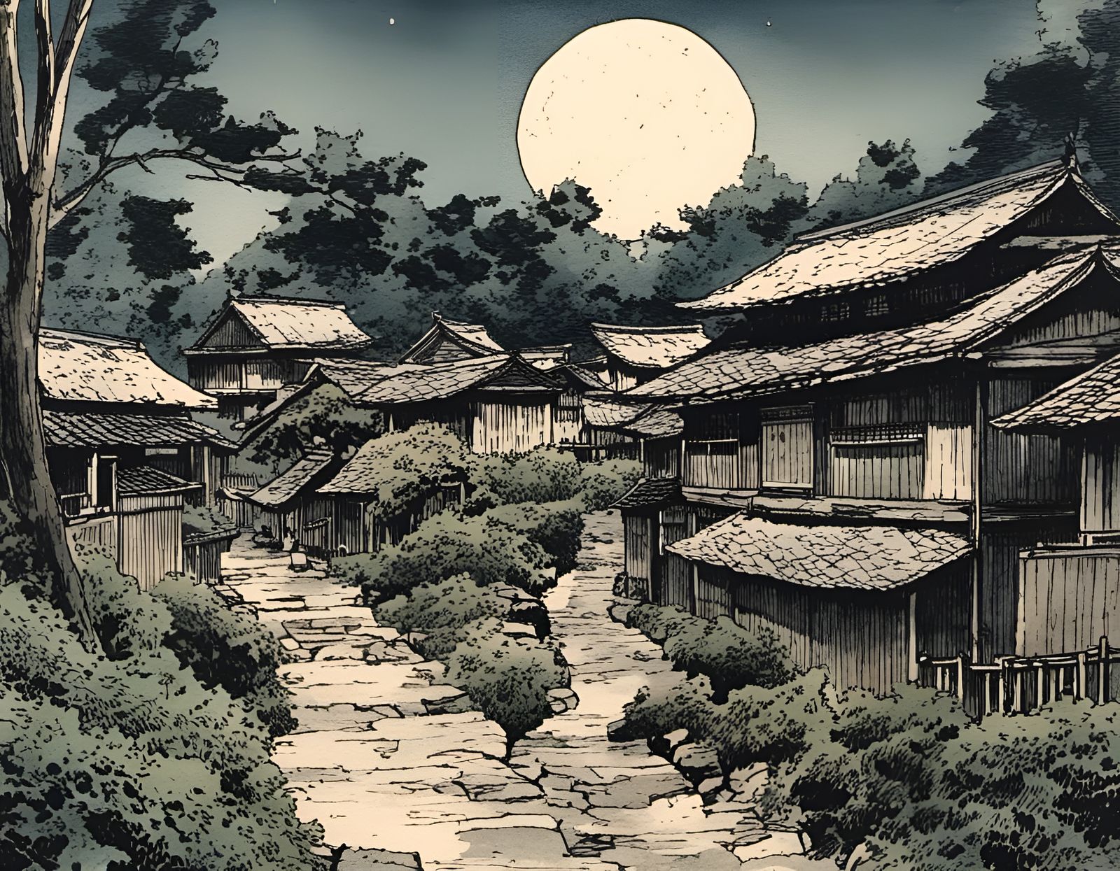 Old Japanese Village in Forest, Manga Style