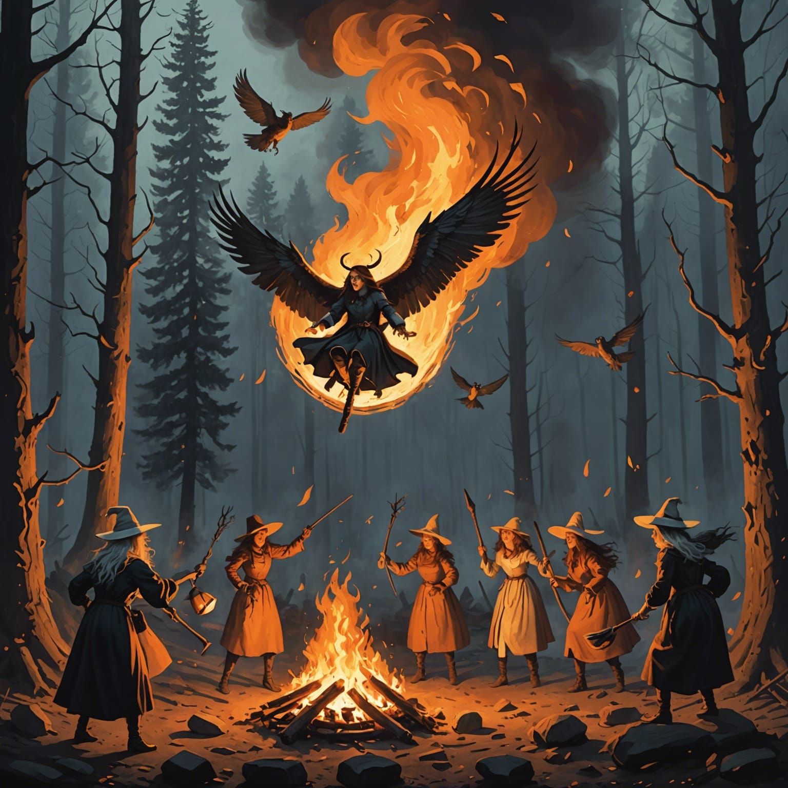 Witches Fly Around Bonfire