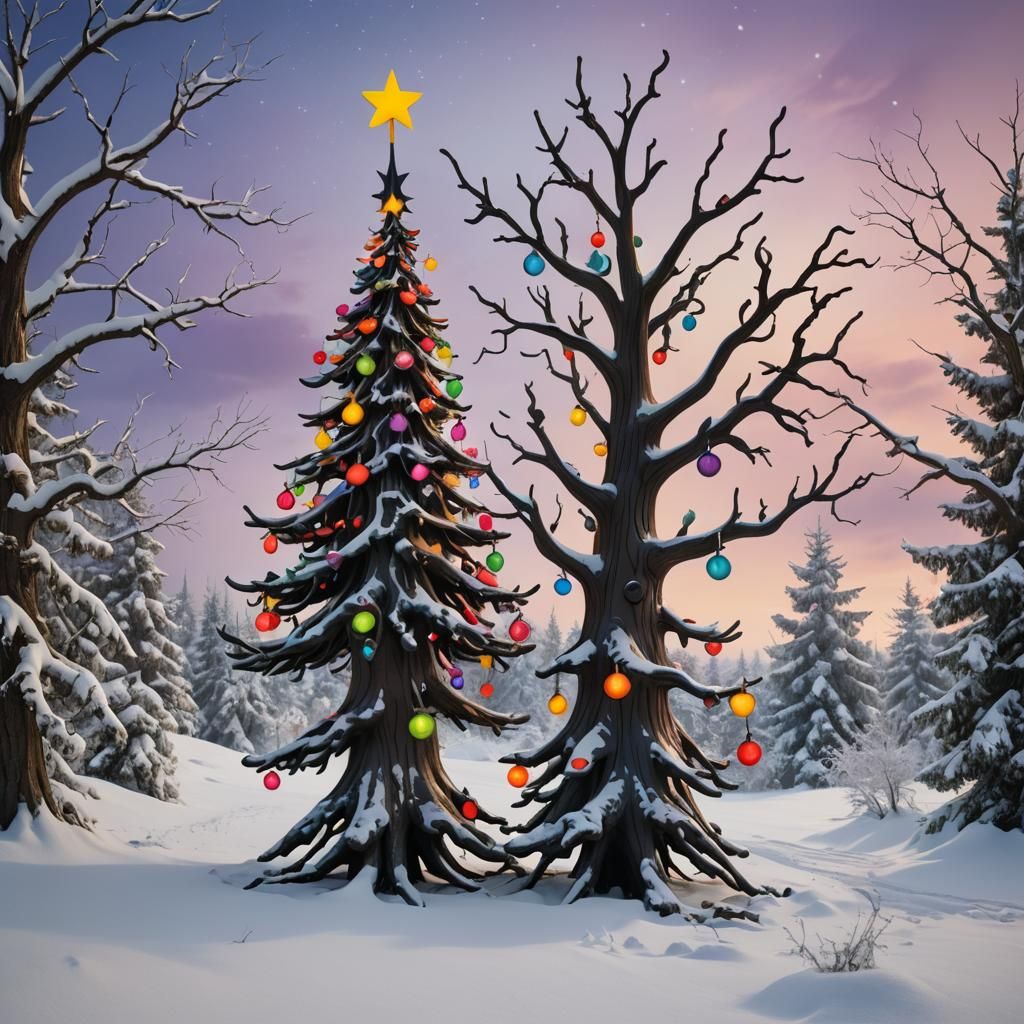 Grimace Christmas Tree in Surrealist Winter Wonderland