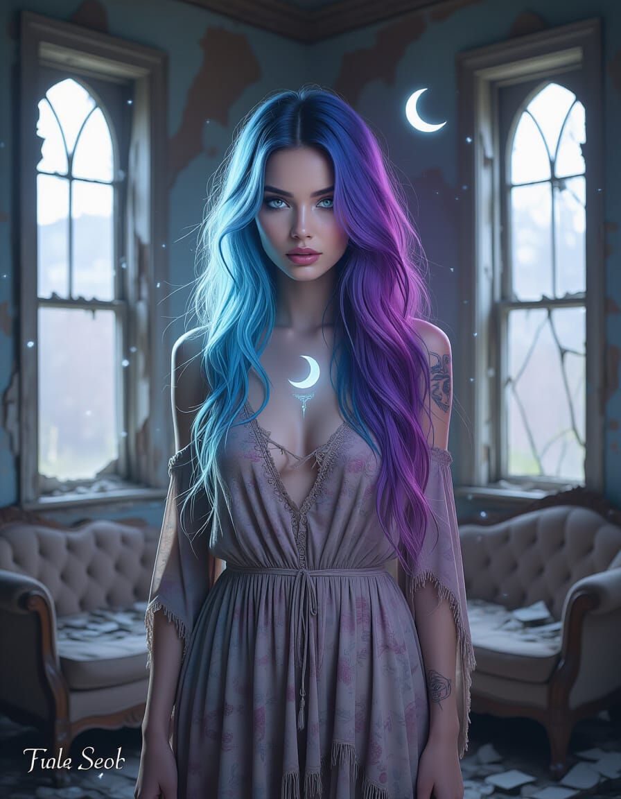 Boho-Urban Woman in Decaying Room, Digital Art