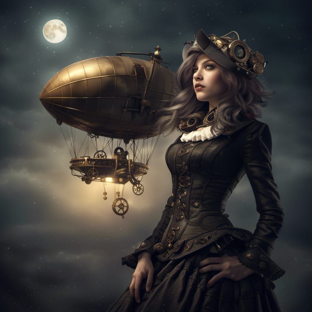 Steampunk Girl with Zeppelin in Atmospheric Night