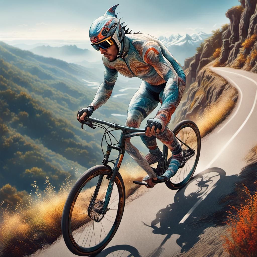 Cyclist in Shark Skinsuit on Mountain Road