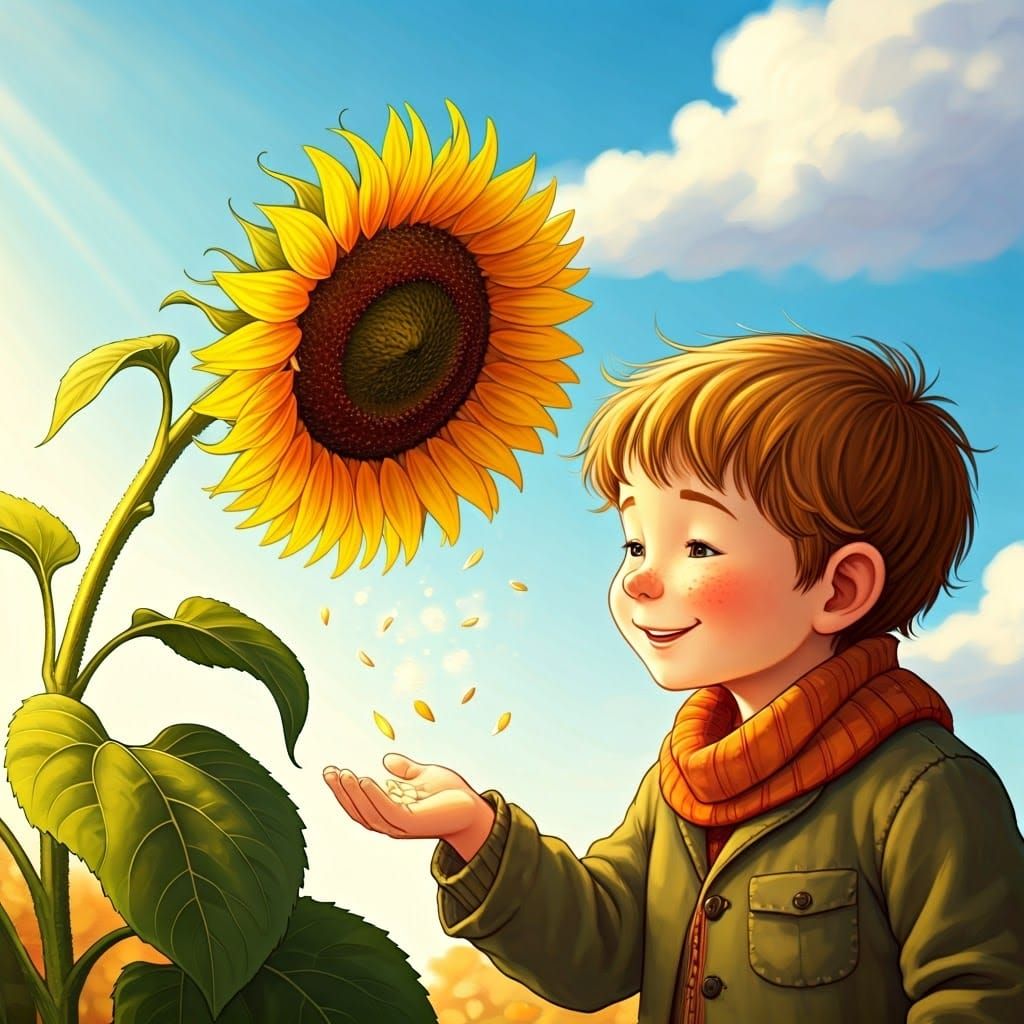 Boy Collecting Sunflower Seeds in Autumn Sunlight