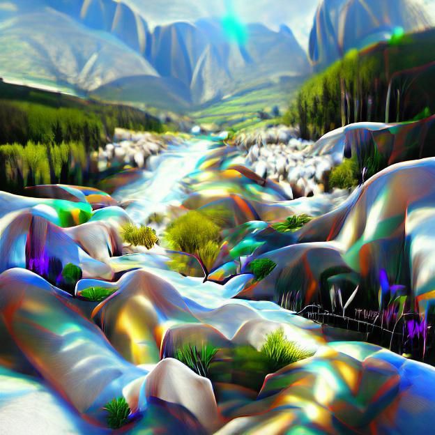 River Valley Between Snowy Mountains in 3D