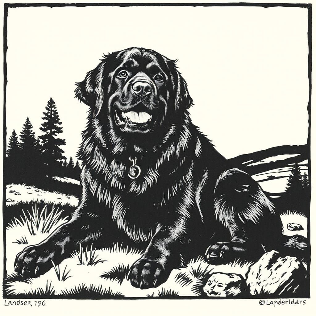 Woodcut Illustration of a Landseer Newfoundland Dog