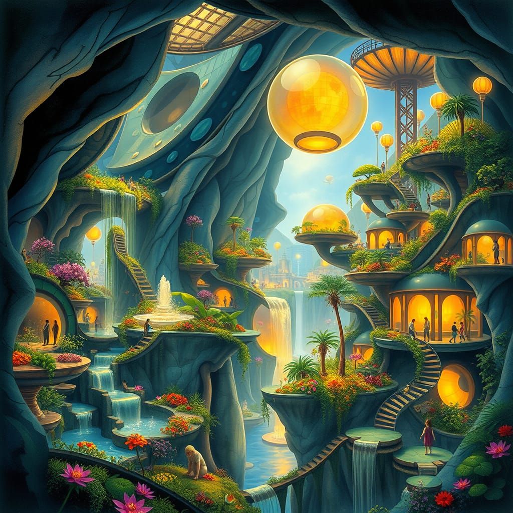 Ethereal Metropolis: Bioluminescent Cityscape with Art Nouve...
