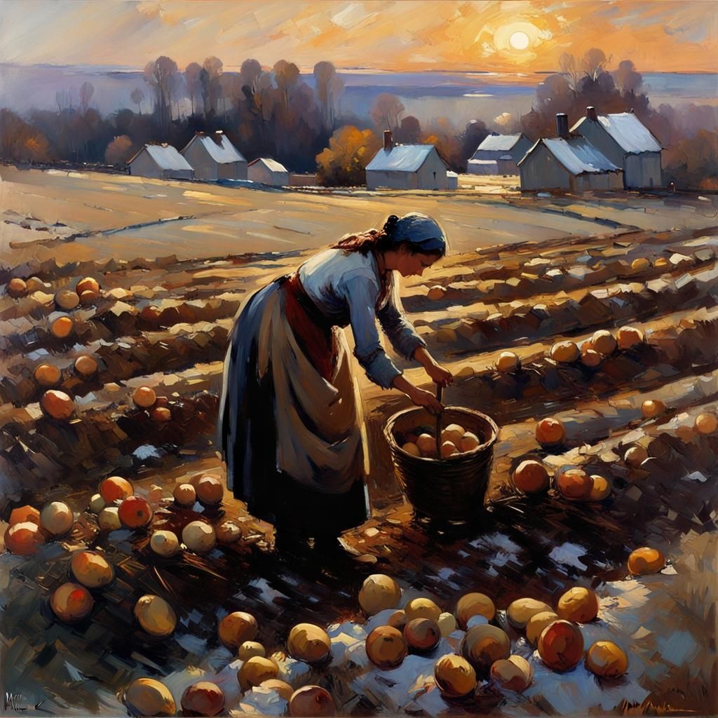 19th Century Potato Harvest at Dusk