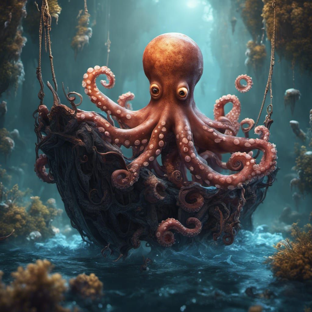 Adorable Octopus in Cradle: Detailed Fantasy Art