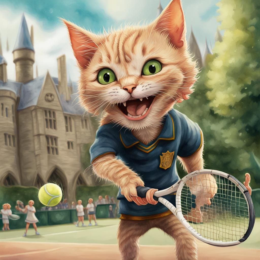 Comical Kitten Playing Tennis in Watercolor Style