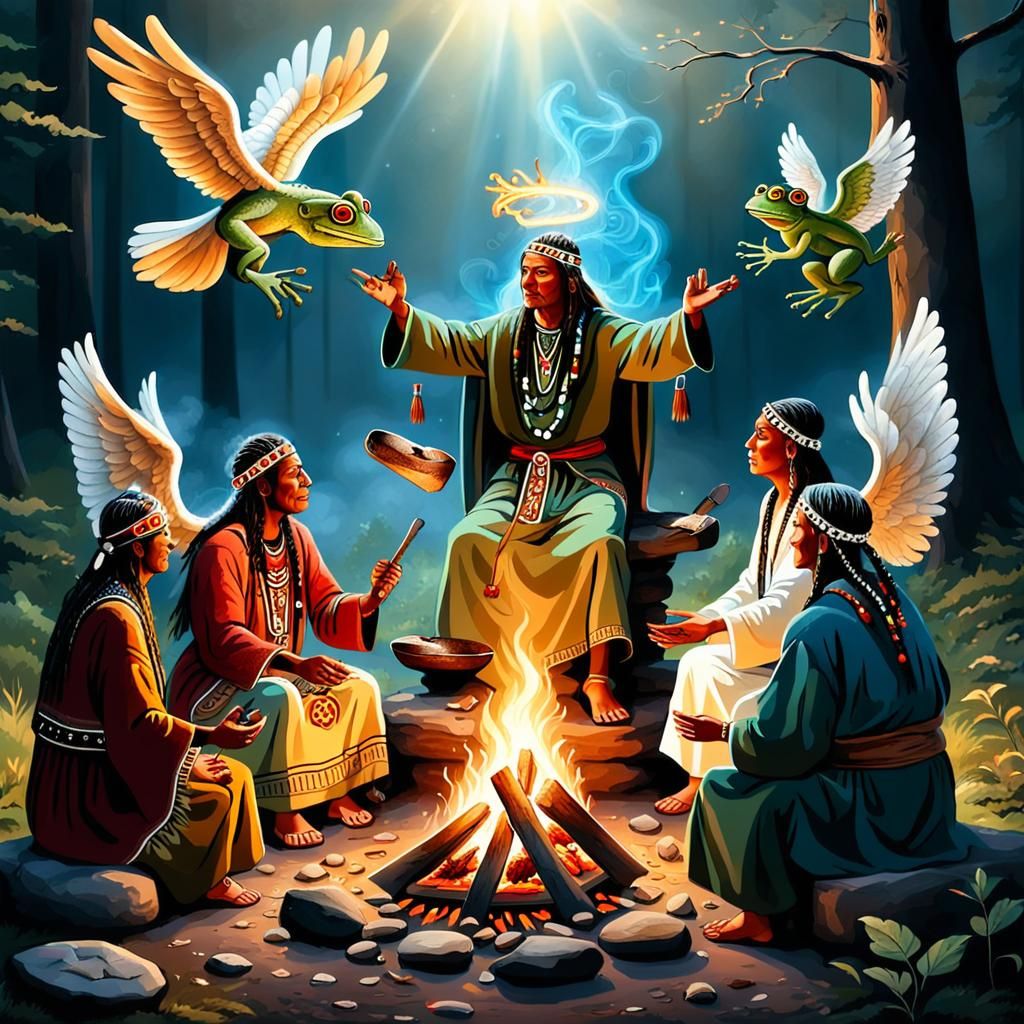 Angel Offers Frog to Shamans by Campfire