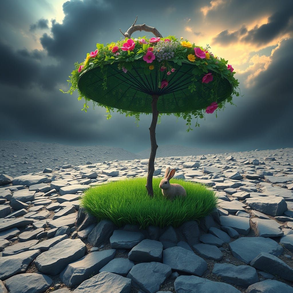 Majestic Oversized Umbrella in a Whimsical Botanical Garden