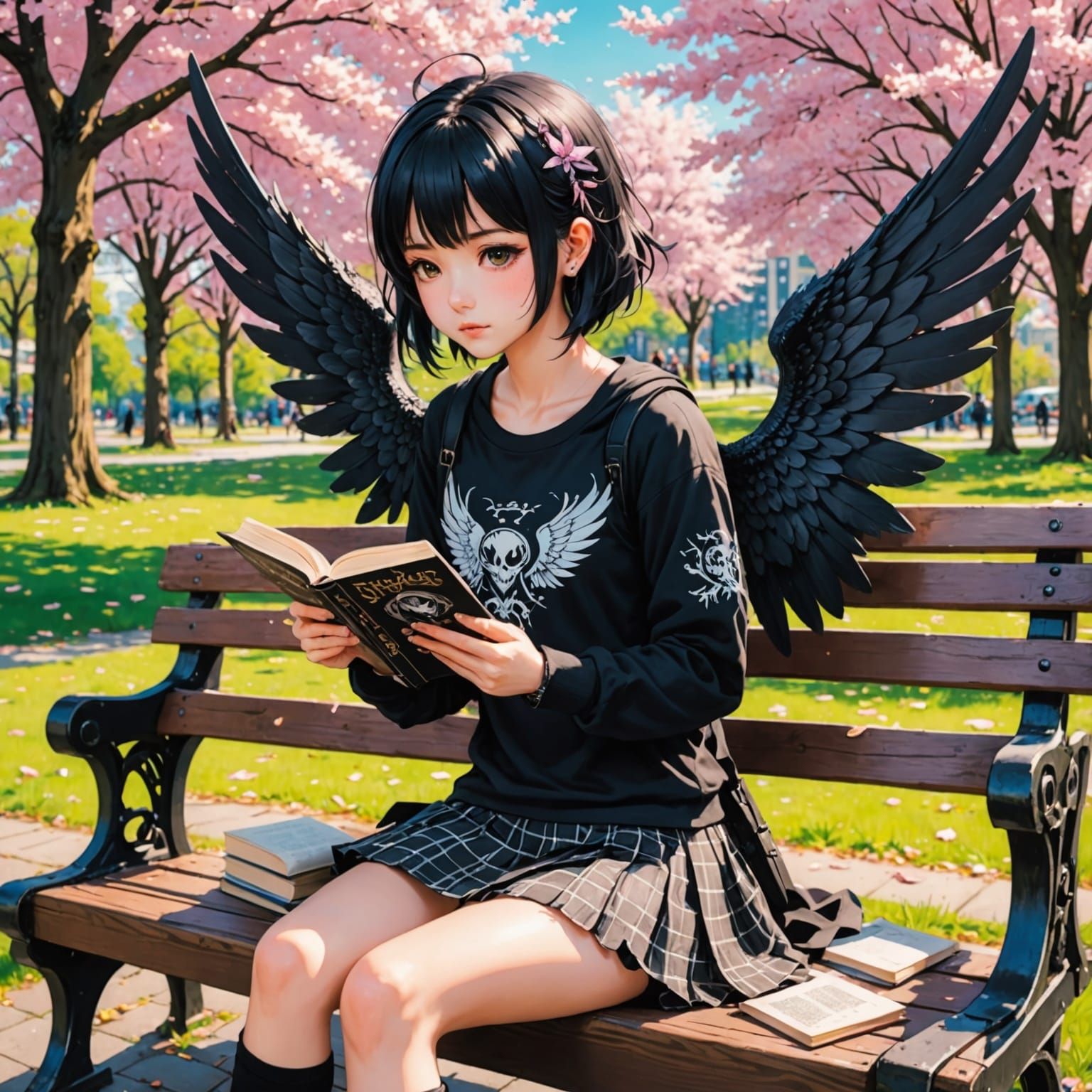 Gothic Anime Girl Reads in Spring Park