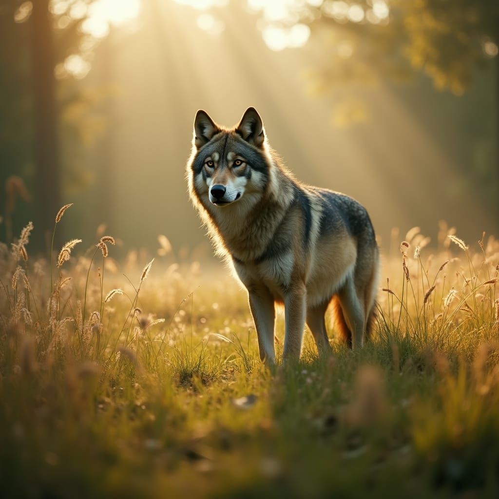 Majestic Wolf in Sunlit Field: Cinematic Film Still