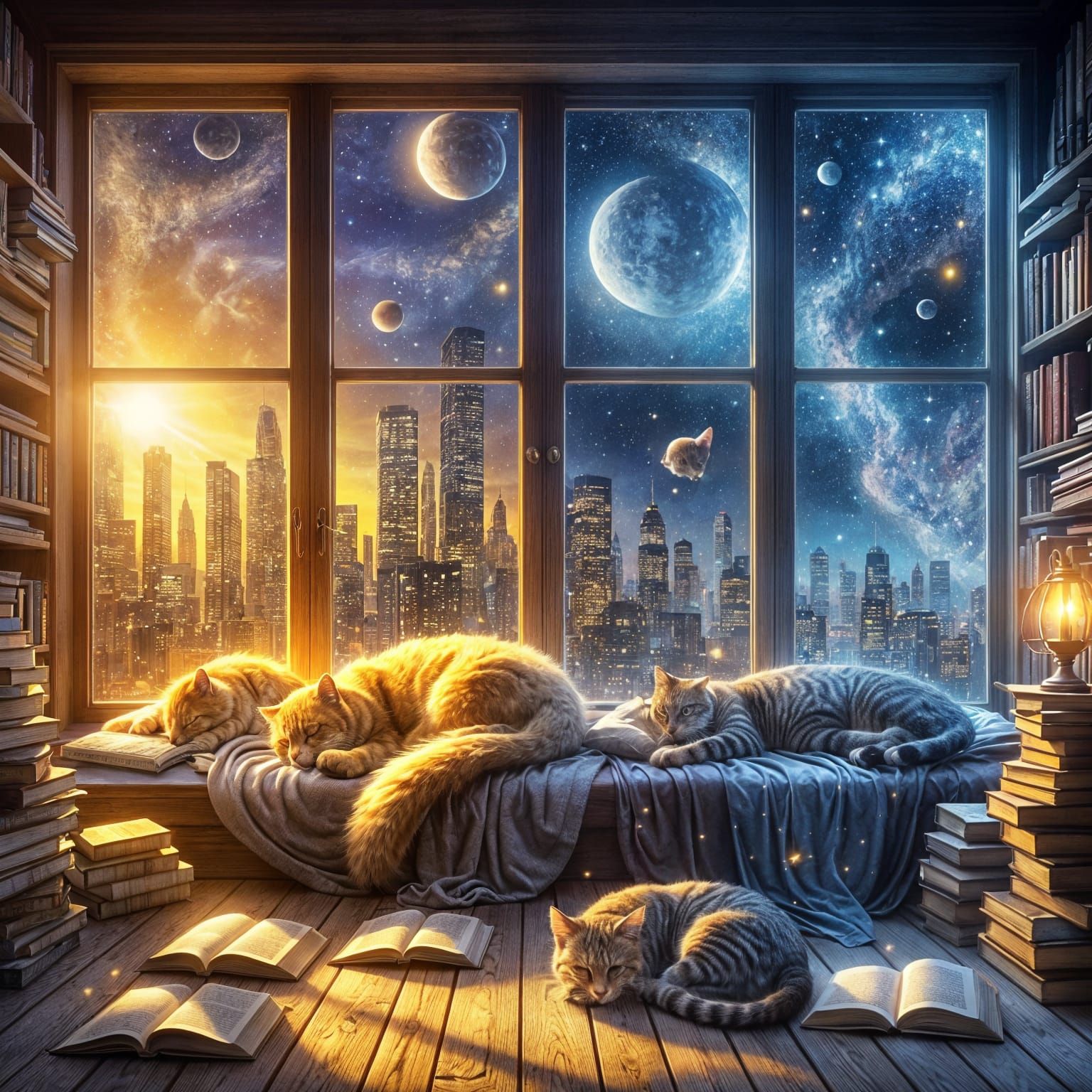 Enchanted Bedroom Window Dreamscape with Cats and Cosmic Vie...