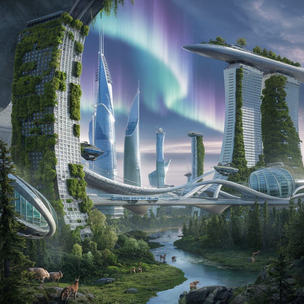 Futuristic Cityscape Merged with Nature and Aurora
