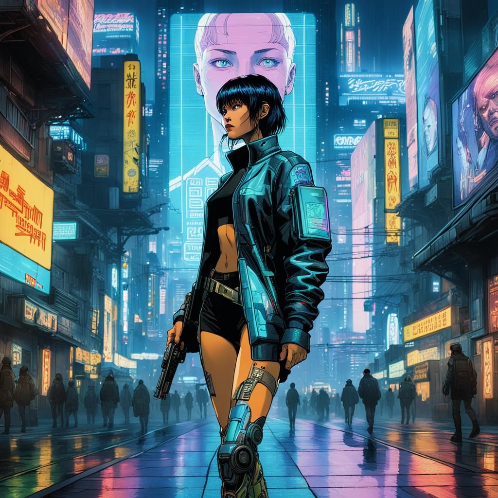 Cyberpunk Hologram Woman in Neon Cityscape