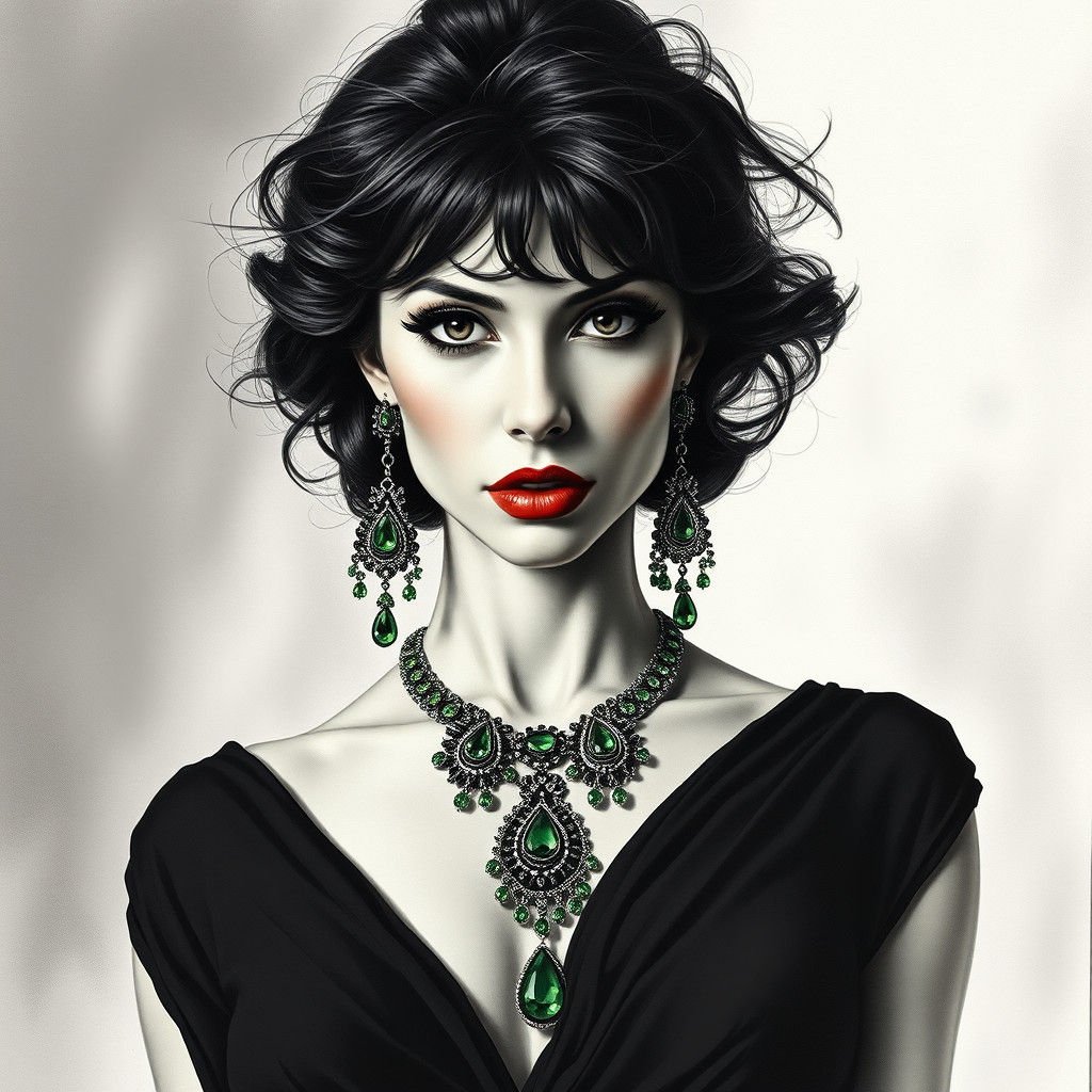 Glamorous Woman with Green Gemstones as Charcoal Art