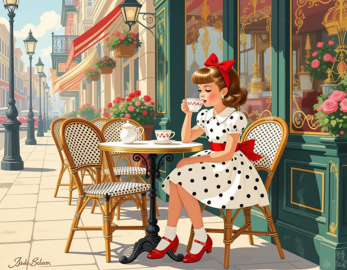 Girl in Polka Dots at Whimsical Cafe