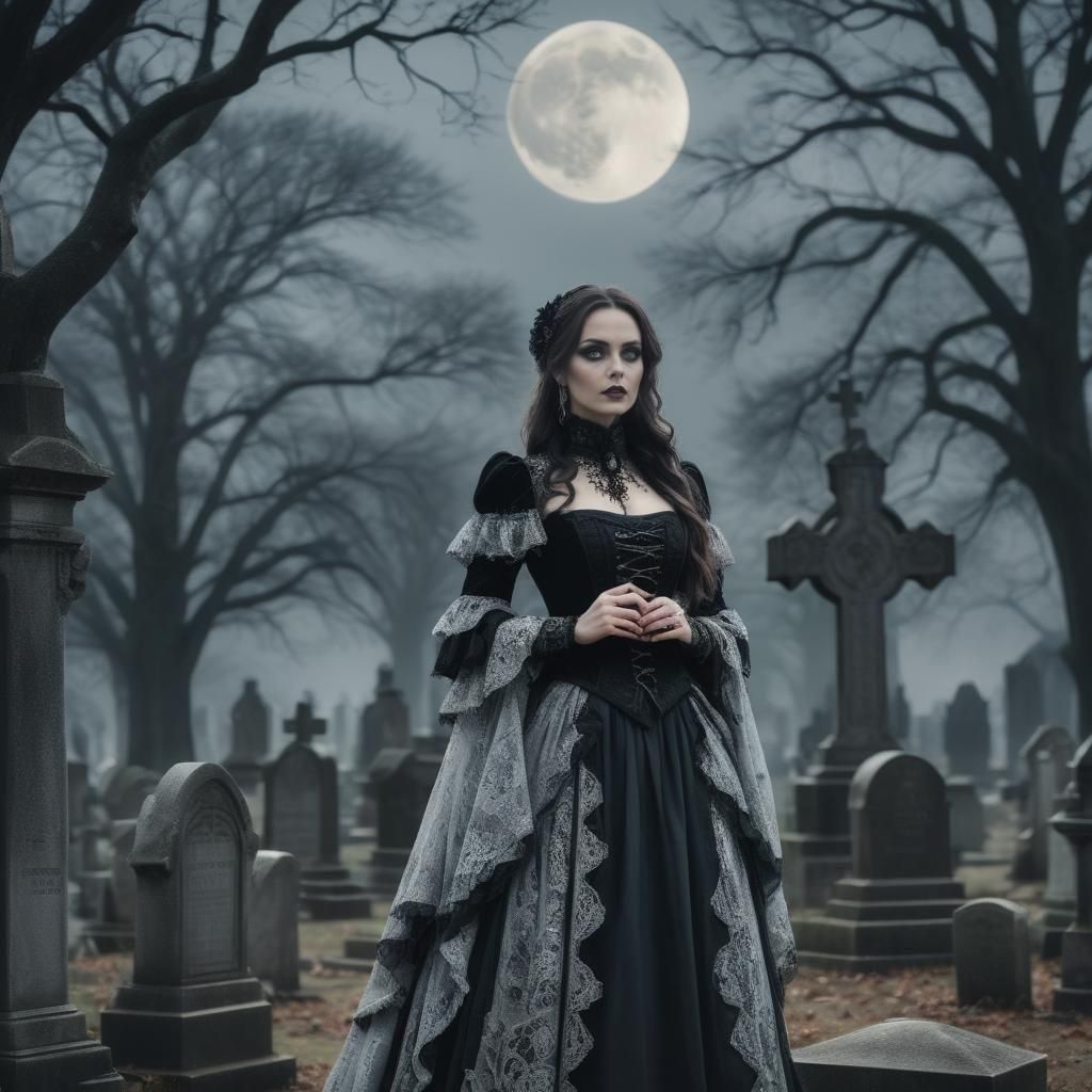 Victorian Gothic Woman in Cemetery Moonlight