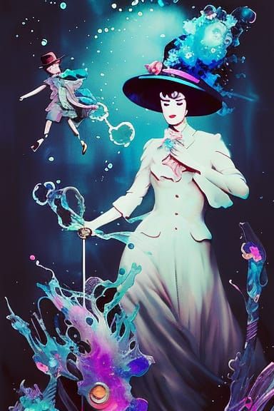 Vaporwave Mary Poppins Portrait with Shattered Glass