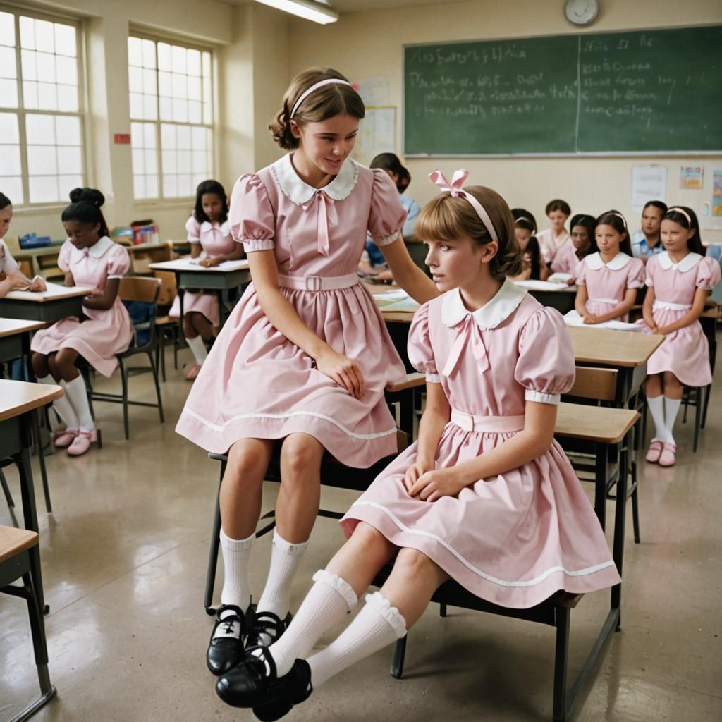 Boy in Pink Dress Getting Help in Classroom