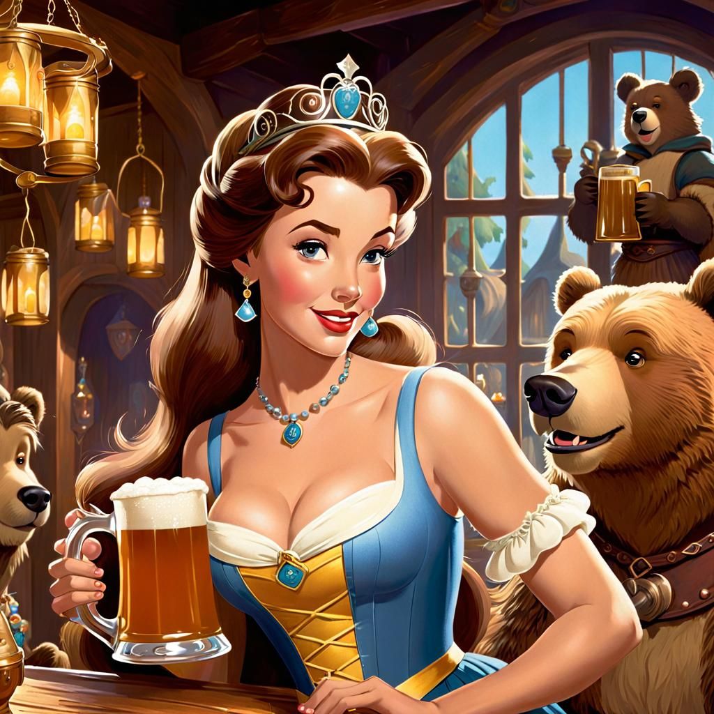 Belle and Dwarfs in Tavern: Disney Style Illustration