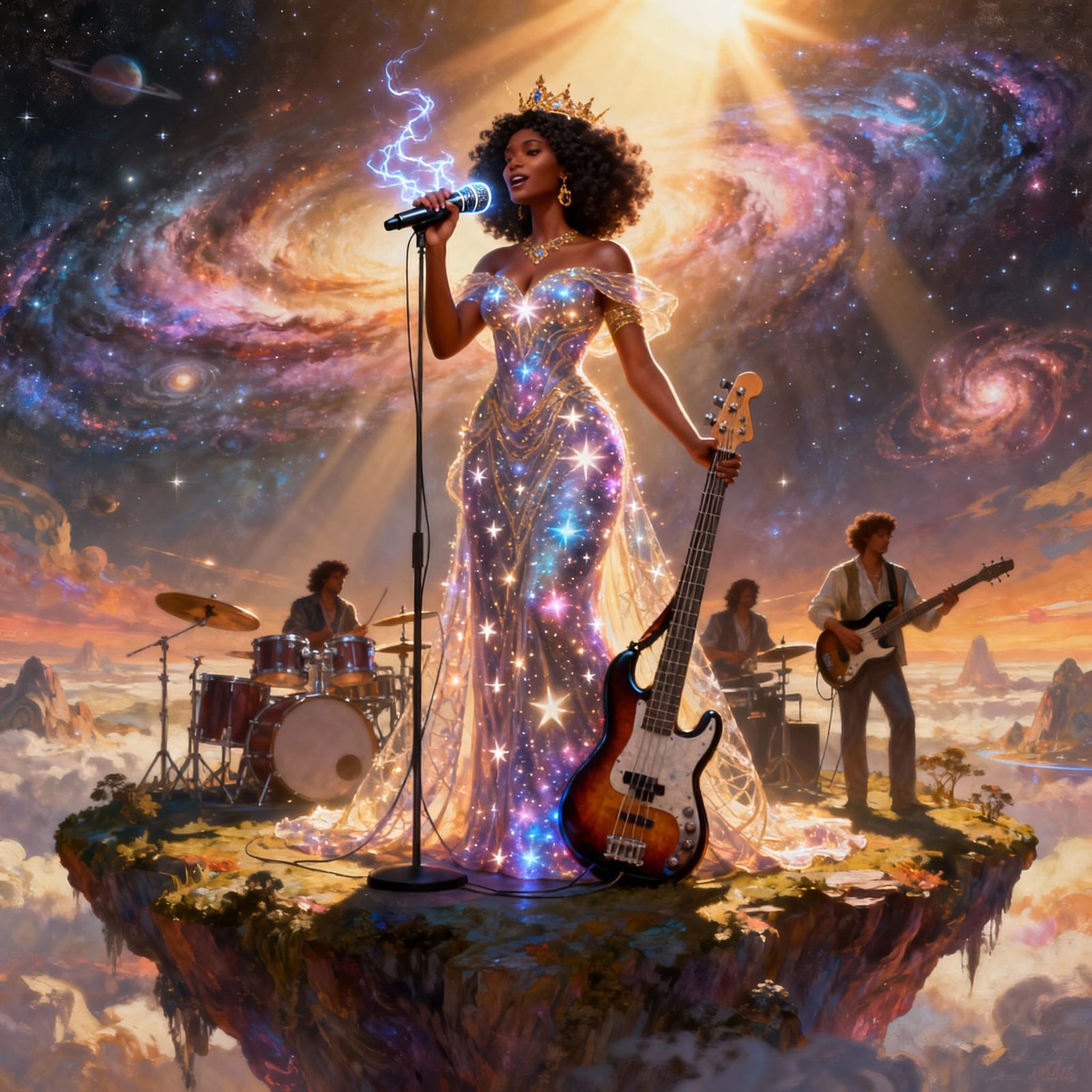 Afro-Latina Celestial Goddess with Cosmic Instruments