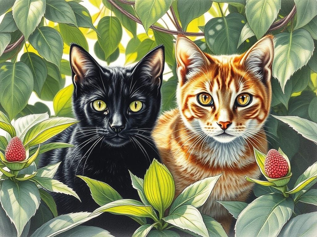 Two Cats in Lush Foliage, Realistic Pencil Drawing
