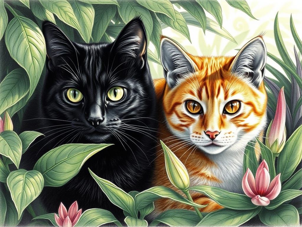 Realistic Pencil Drawing of Two Cats in Lush Foliage