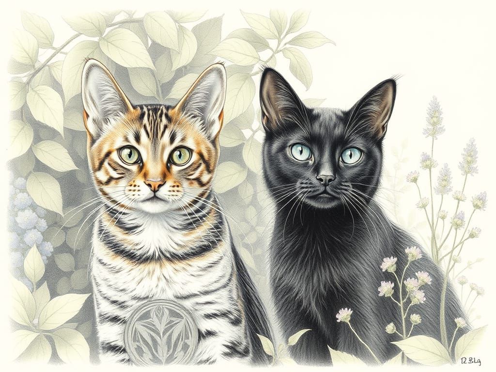 Realistic Pencil Drawing of Two Cats in Nature