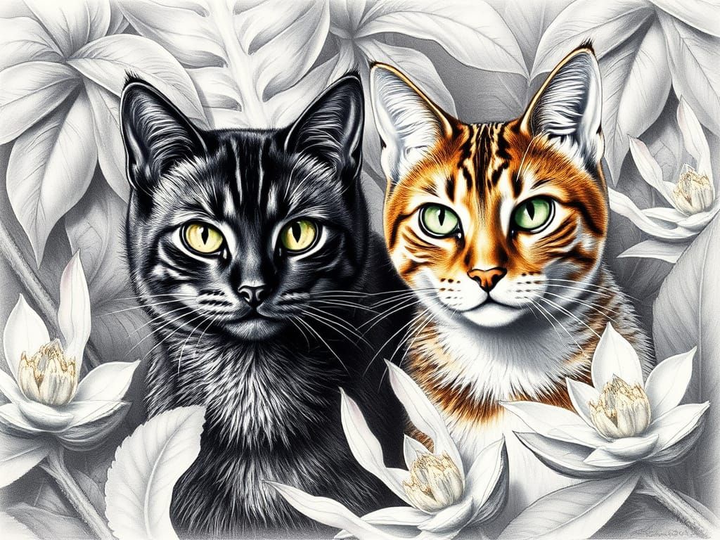Realistic Pencil Drawing of Two Cats Amidst Lush Foliage