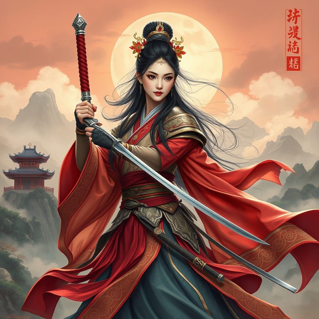 Chinese Warrior Woman in Ancient Landscape, Digital Art