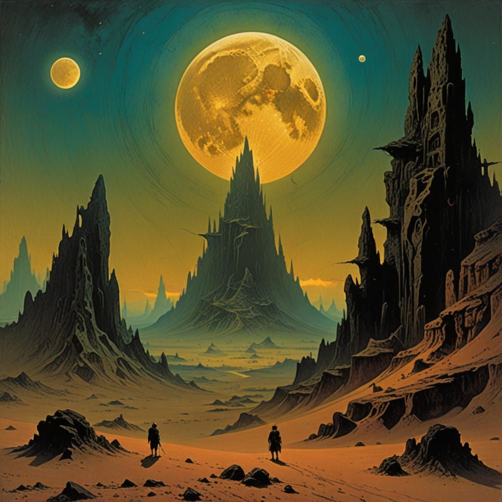 Surreal Desert Planet Landscape with Moons