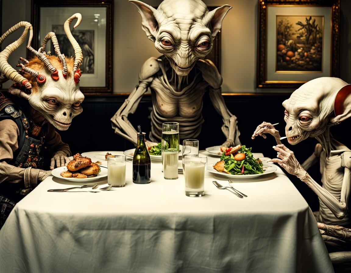 Extraterrestrial Celebration in Gritty Restaurant Setting