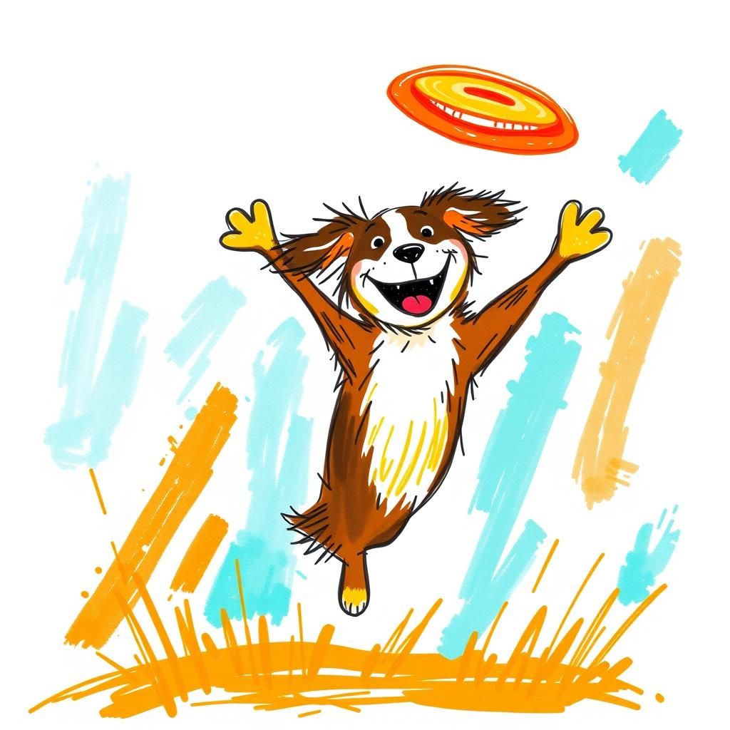 Joyful Dog Leaping for Frisbee in Crayon Style