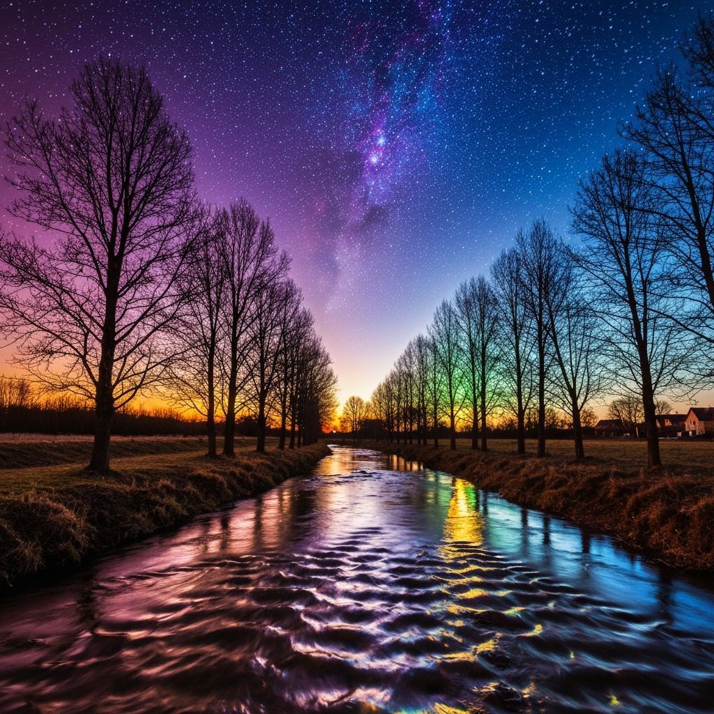 Cosmic Starry Sky Over Twilight Seacoast Village