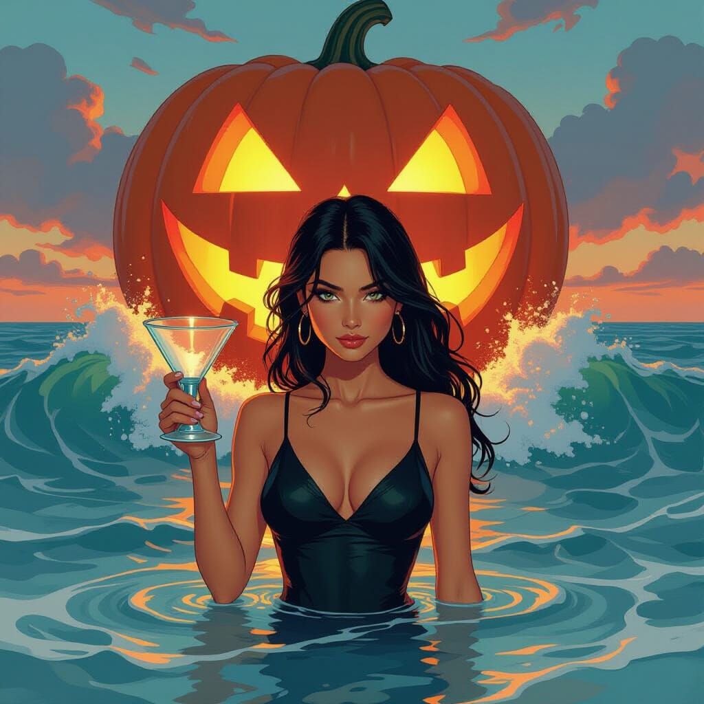Stunning Woman Holds Funnel Facing Giant Jack-o'-Lantern Wav...