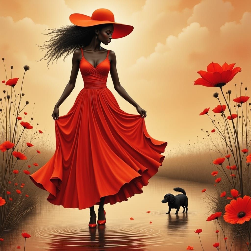 Black Woman Walking in Creek, Monochromatic Art