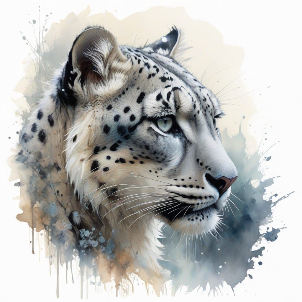 Mystic Snow Leopard in Alpine Wilderness: Watercolour Art