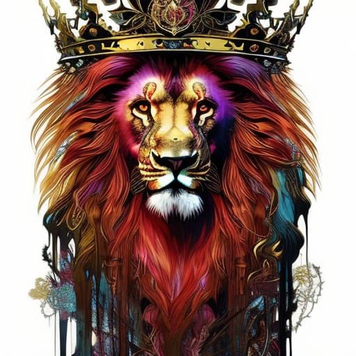 Flaming Lion King Portrait with Golden Crown