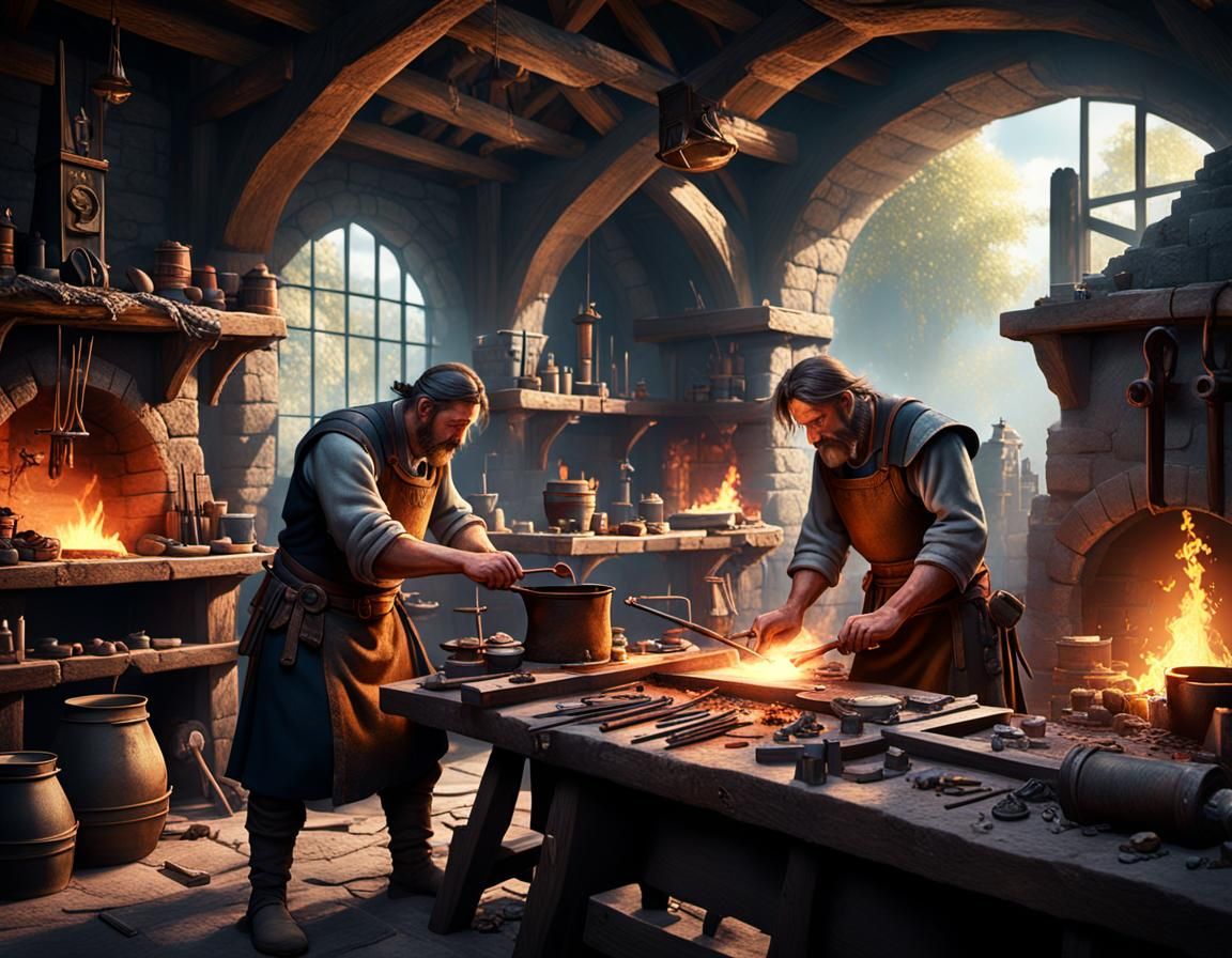 Medieval Blacksmith and Apprentice at Work