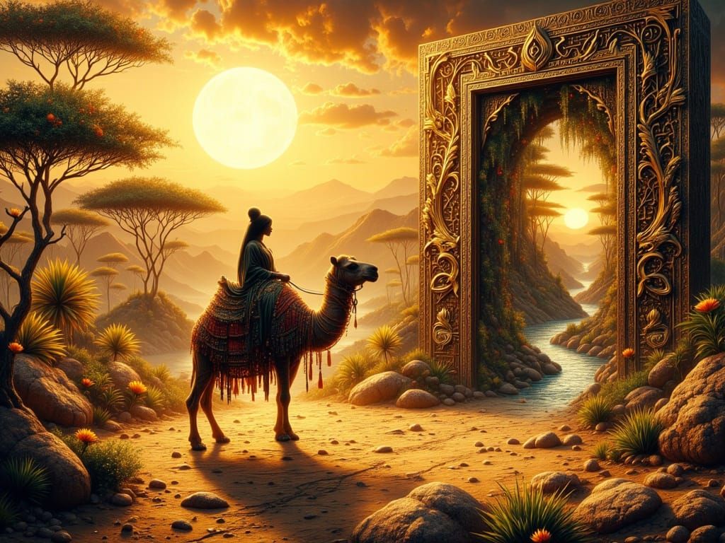 Nomad Rides Camel Towards Desert Portal Mirror
