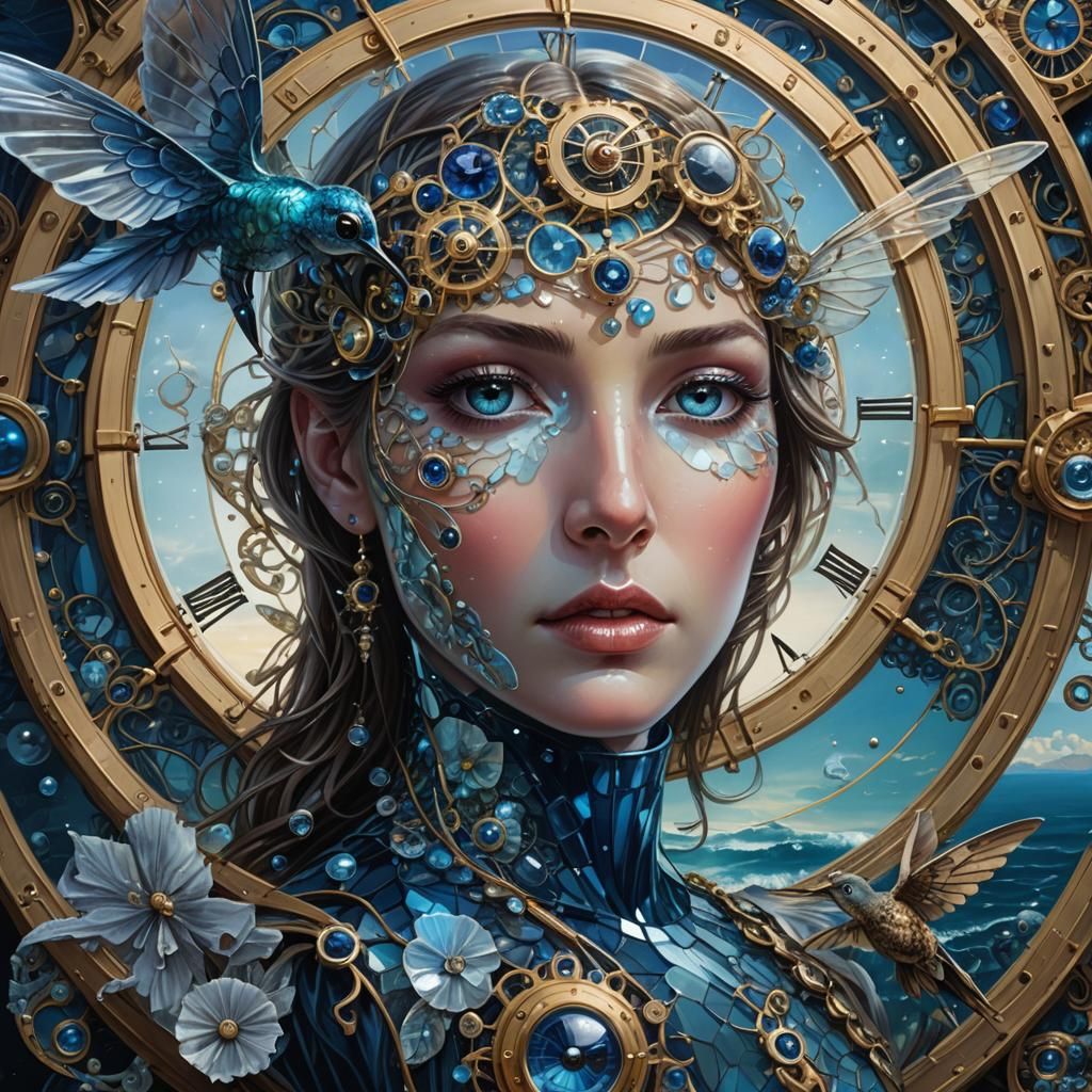 Glass Hummingbird Portrait with Clockwork Details