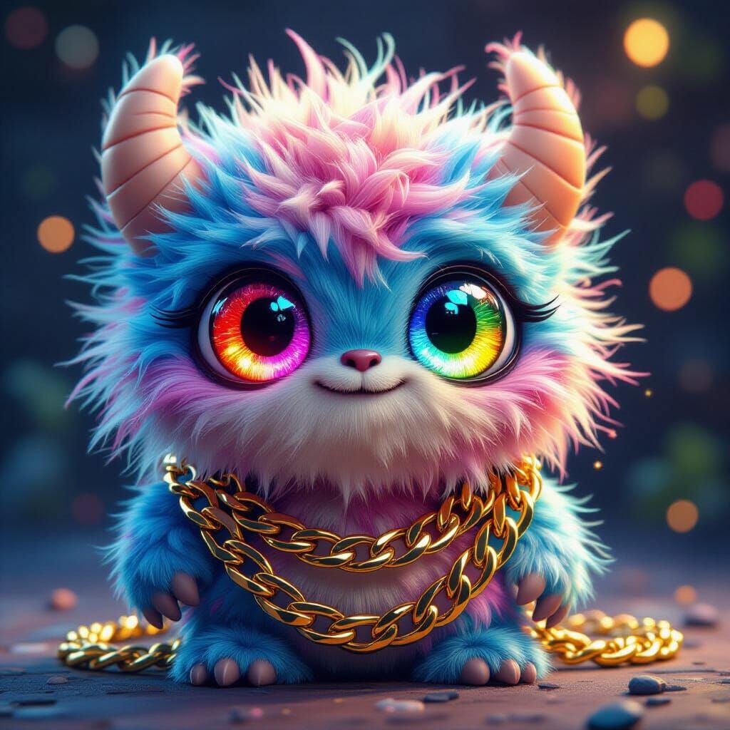 Colorful Fluffy Monster Portrait with Gold Chain