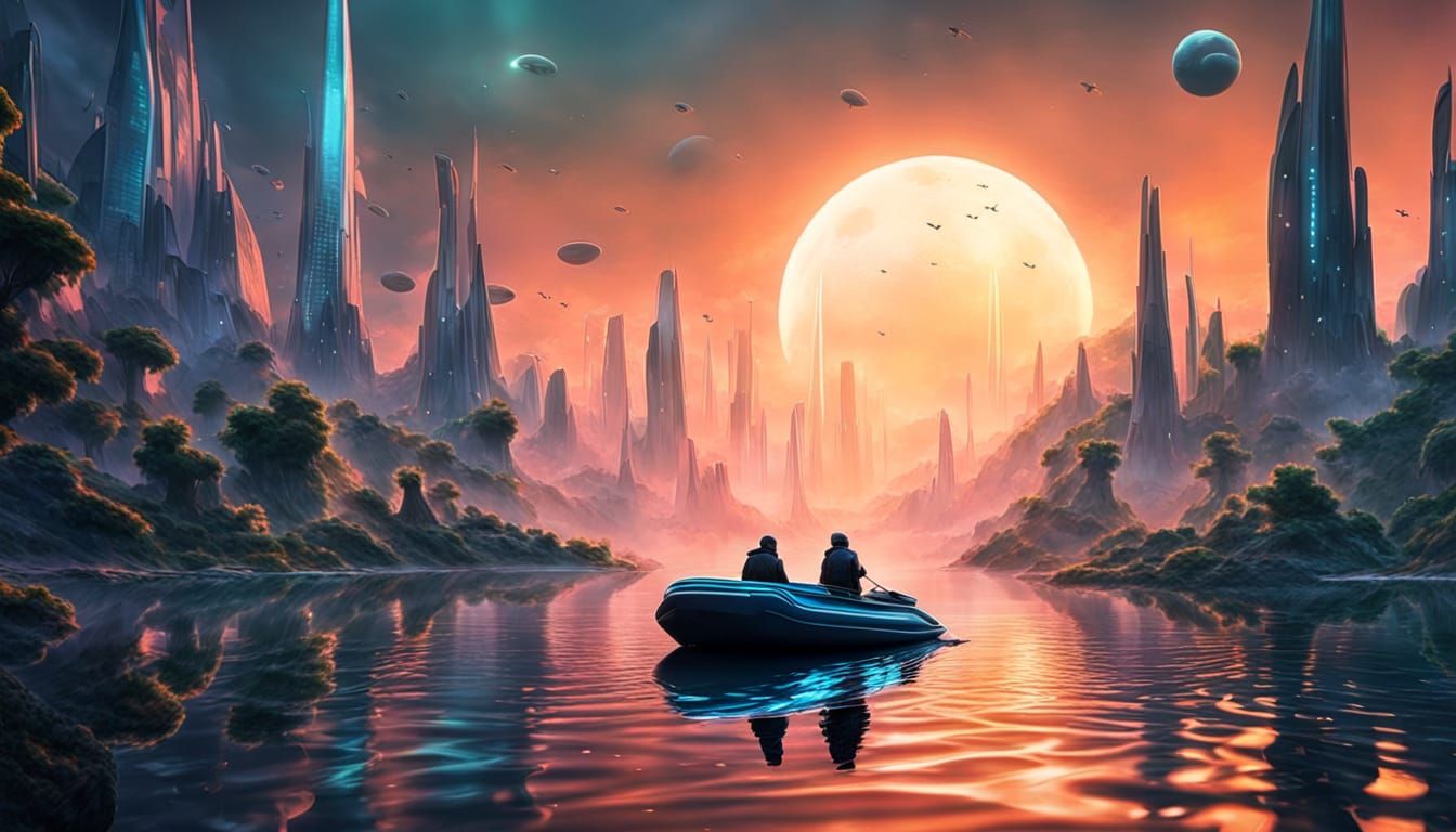 Futuristic Alien Boats on Mirrored Water