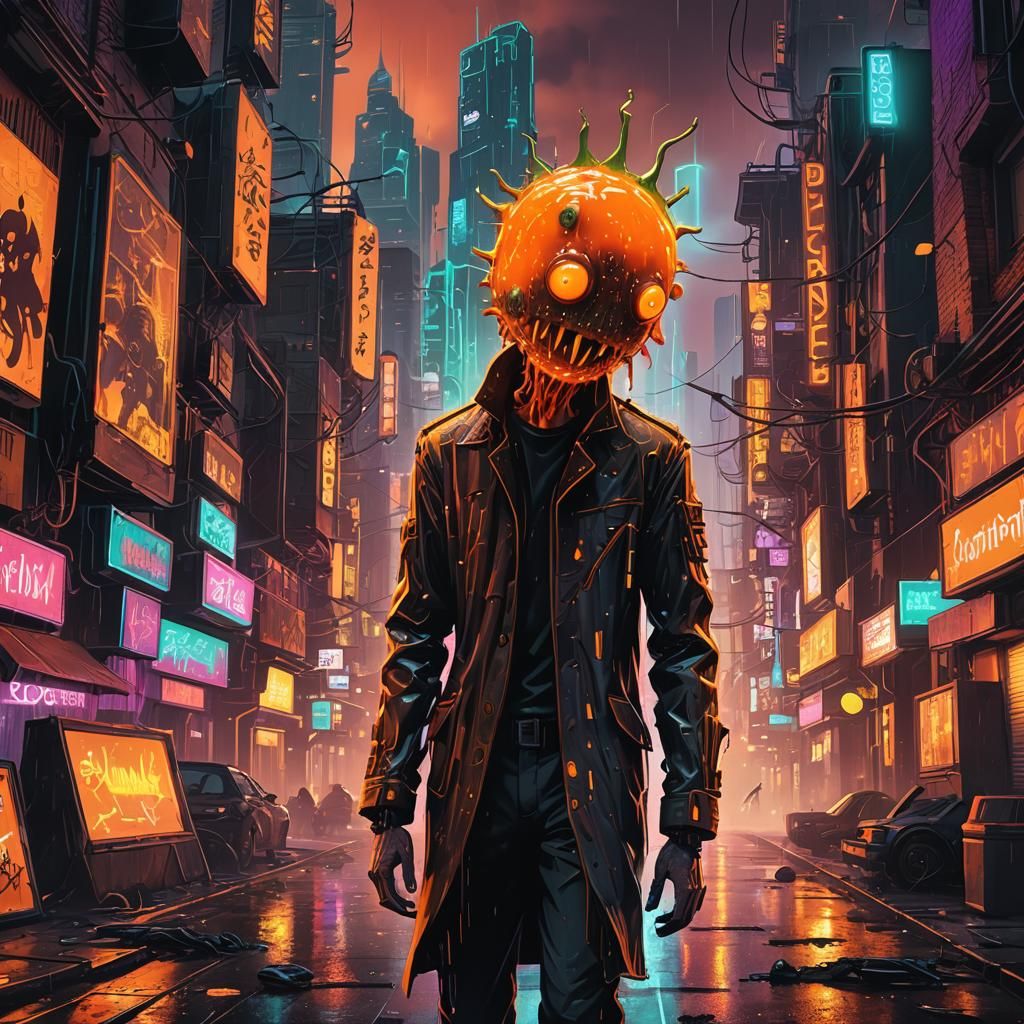 Neon Cyberpunk Pickle Rick Fusion in Cityscape