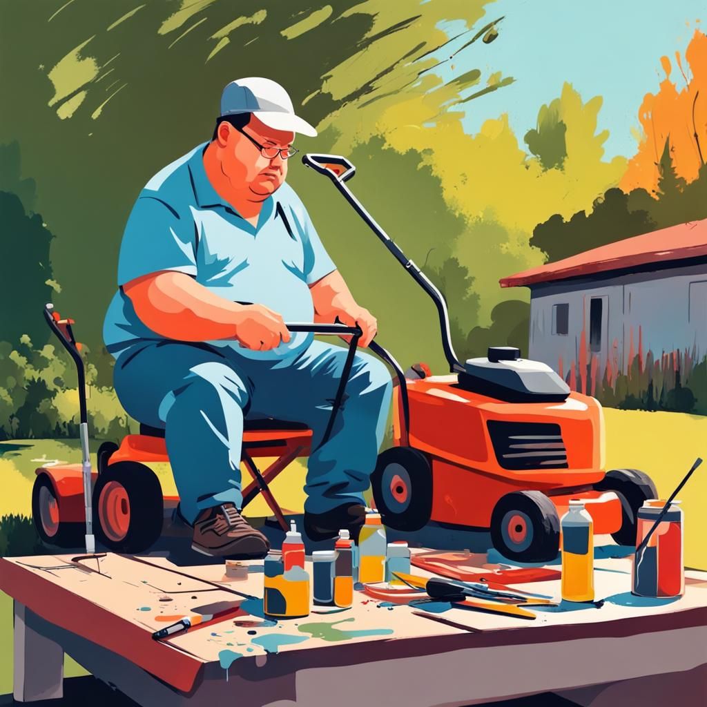 Man Repairs Lawnmower Outdoors: Abstract Art Composition